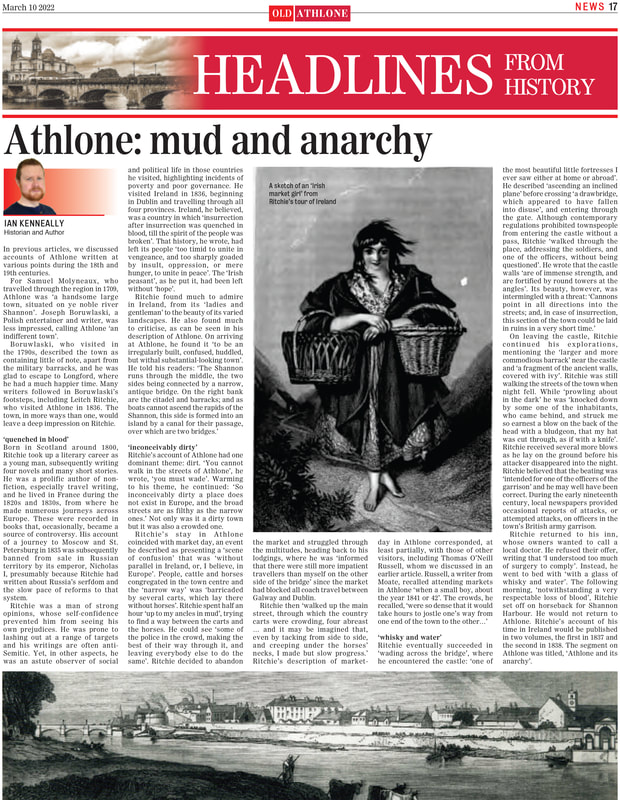 Leitch Ritchie visited Athlone in 1836. The
town, in more ways than one, would
leave a deep impression on Ritchie.